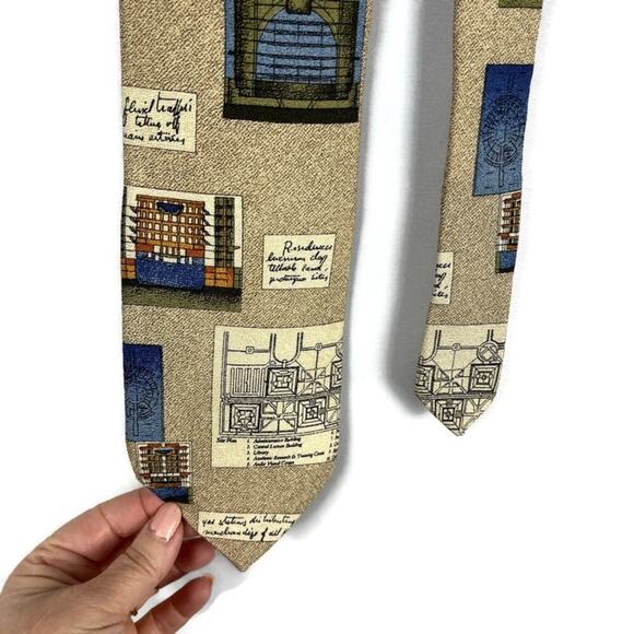 Architectural Print Silk Neck Tie City Planner Architect Tan Blue Structure - Picture 1 of 6